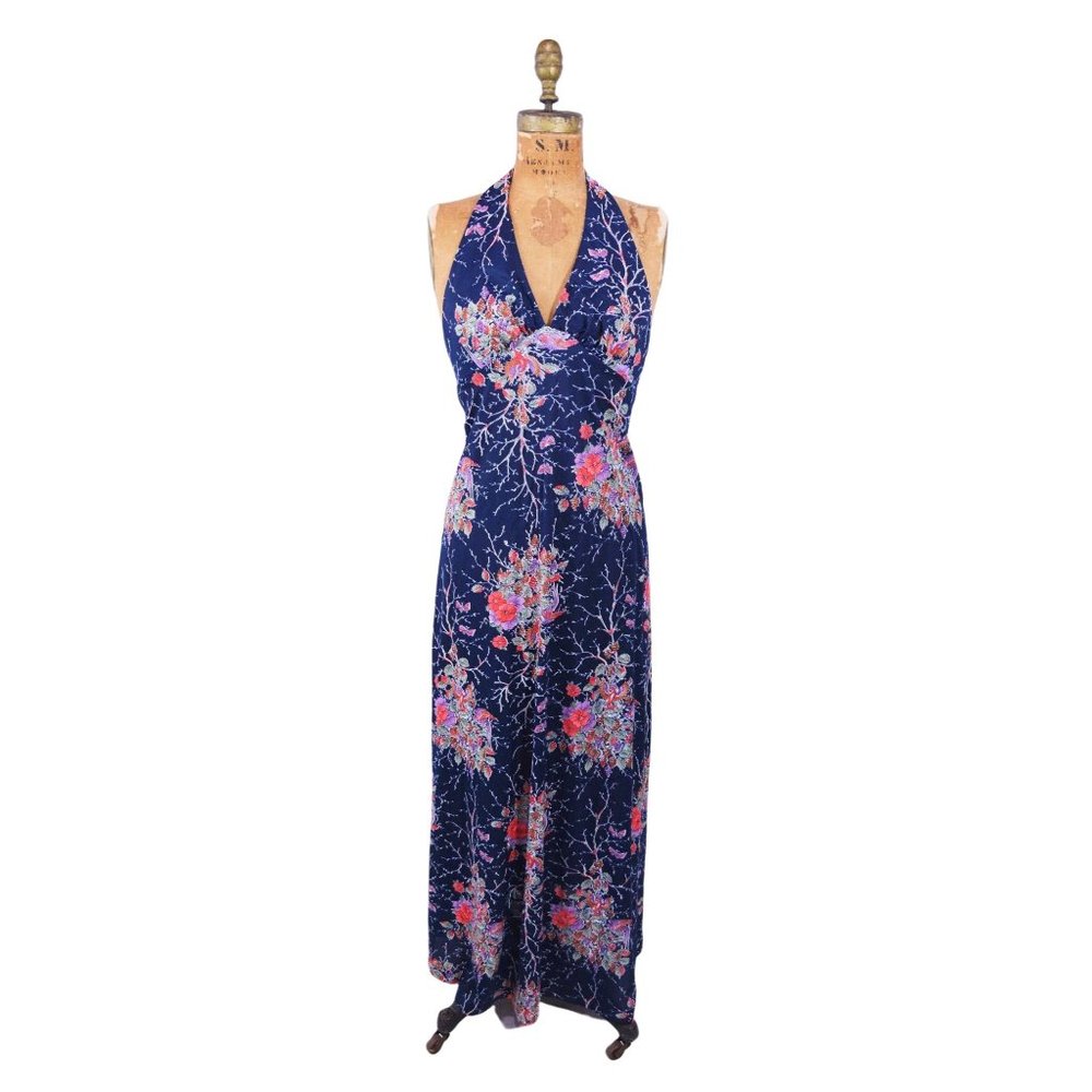 Vintage 1970s Halter Maxi Dress and Capelet Set Dark Floral Print | W 24" - Picture 2 of 5